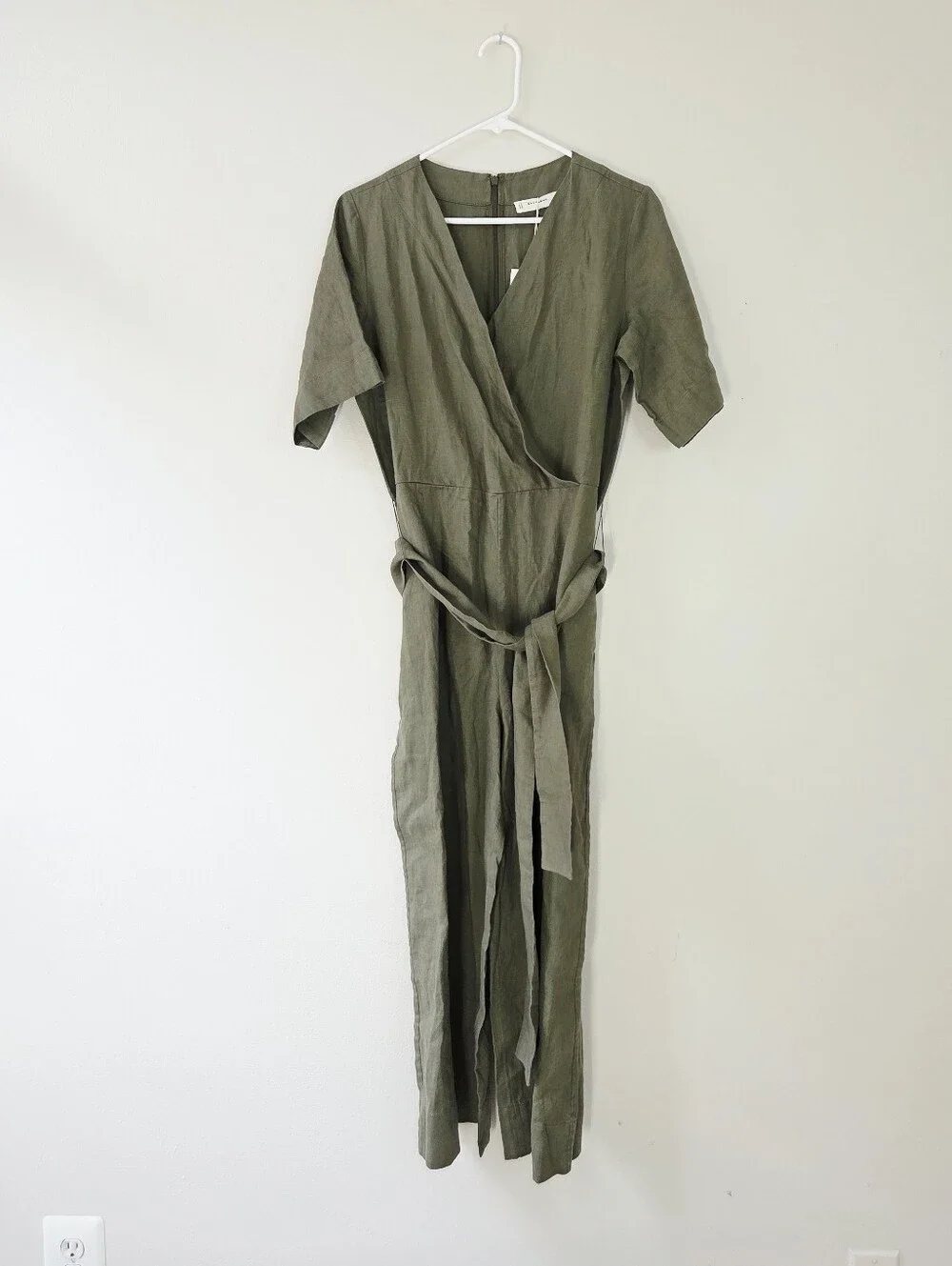 Everlane The Wrap Jumpsuit in Linen Kalamata Green Khaki Olive Size 2